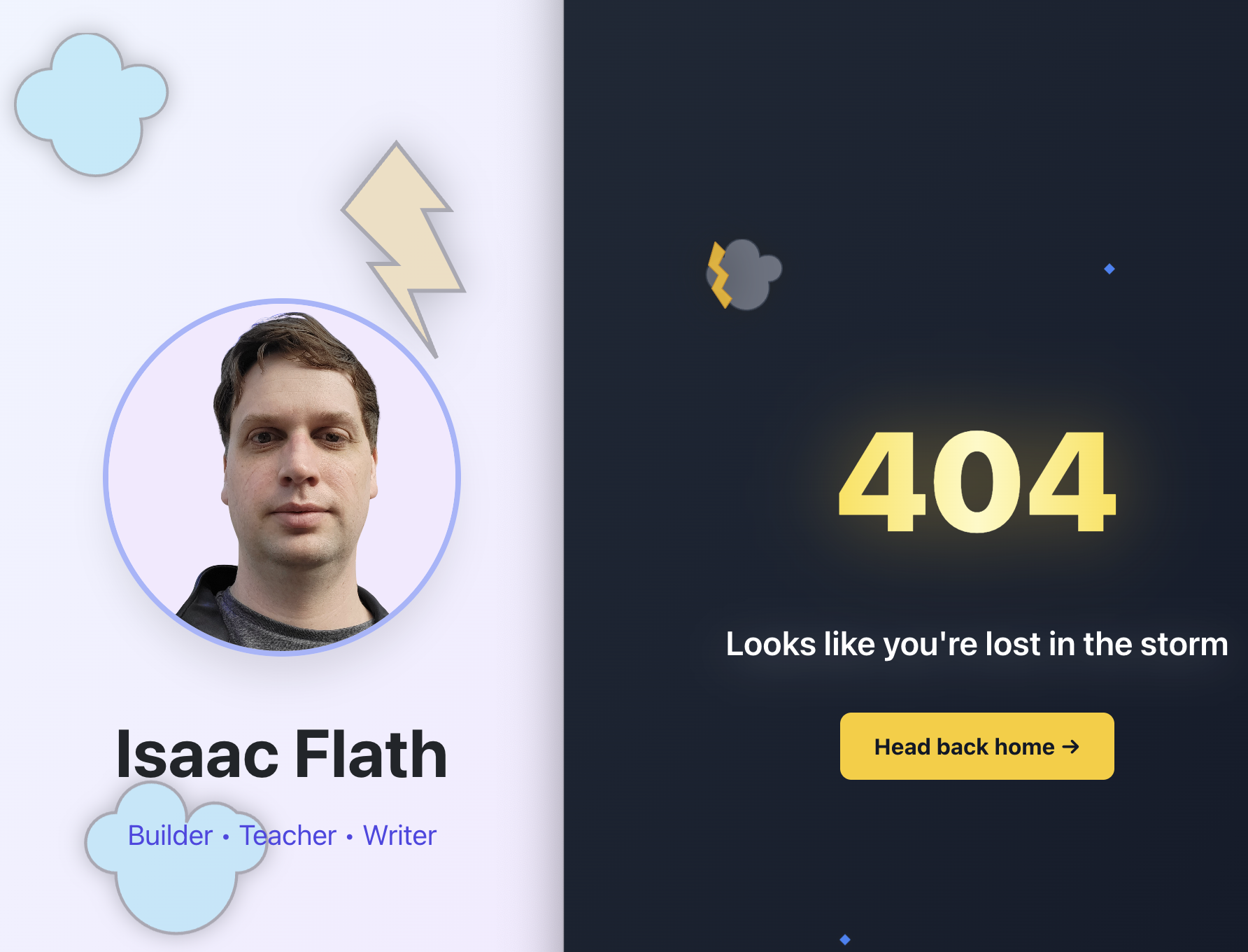 The landing page with clouds alongside the 404 thunderstorm page