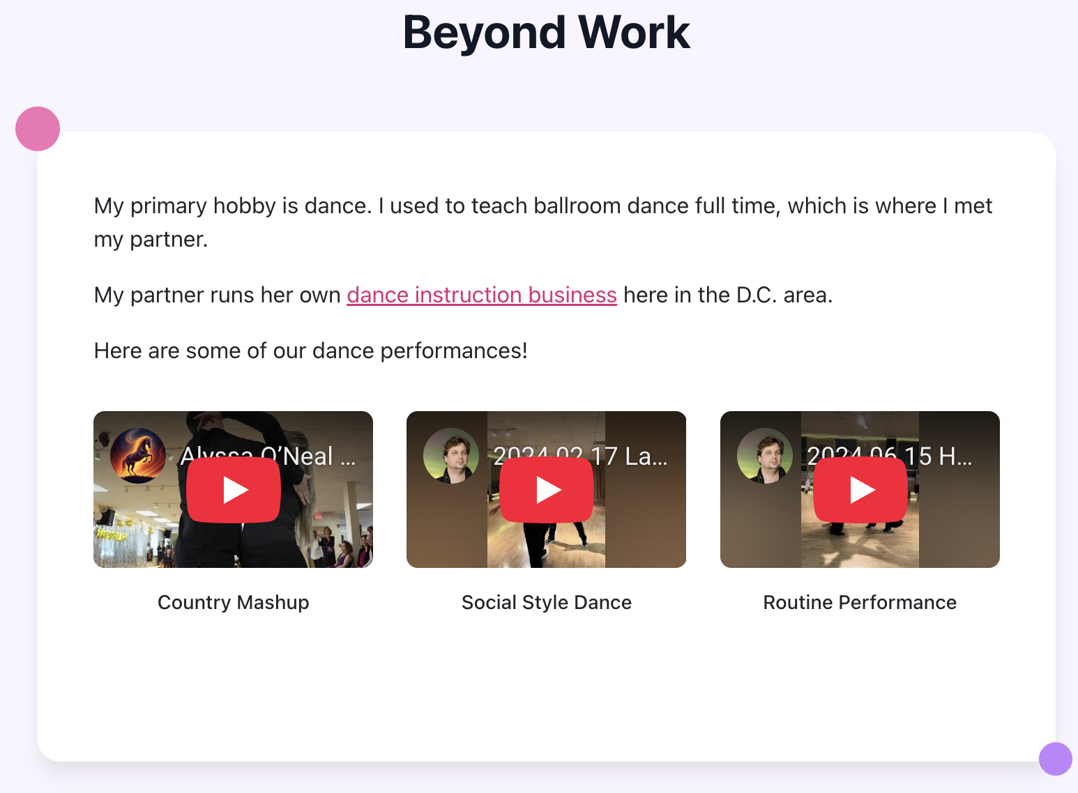 The Beyond Work section with dance performance videos