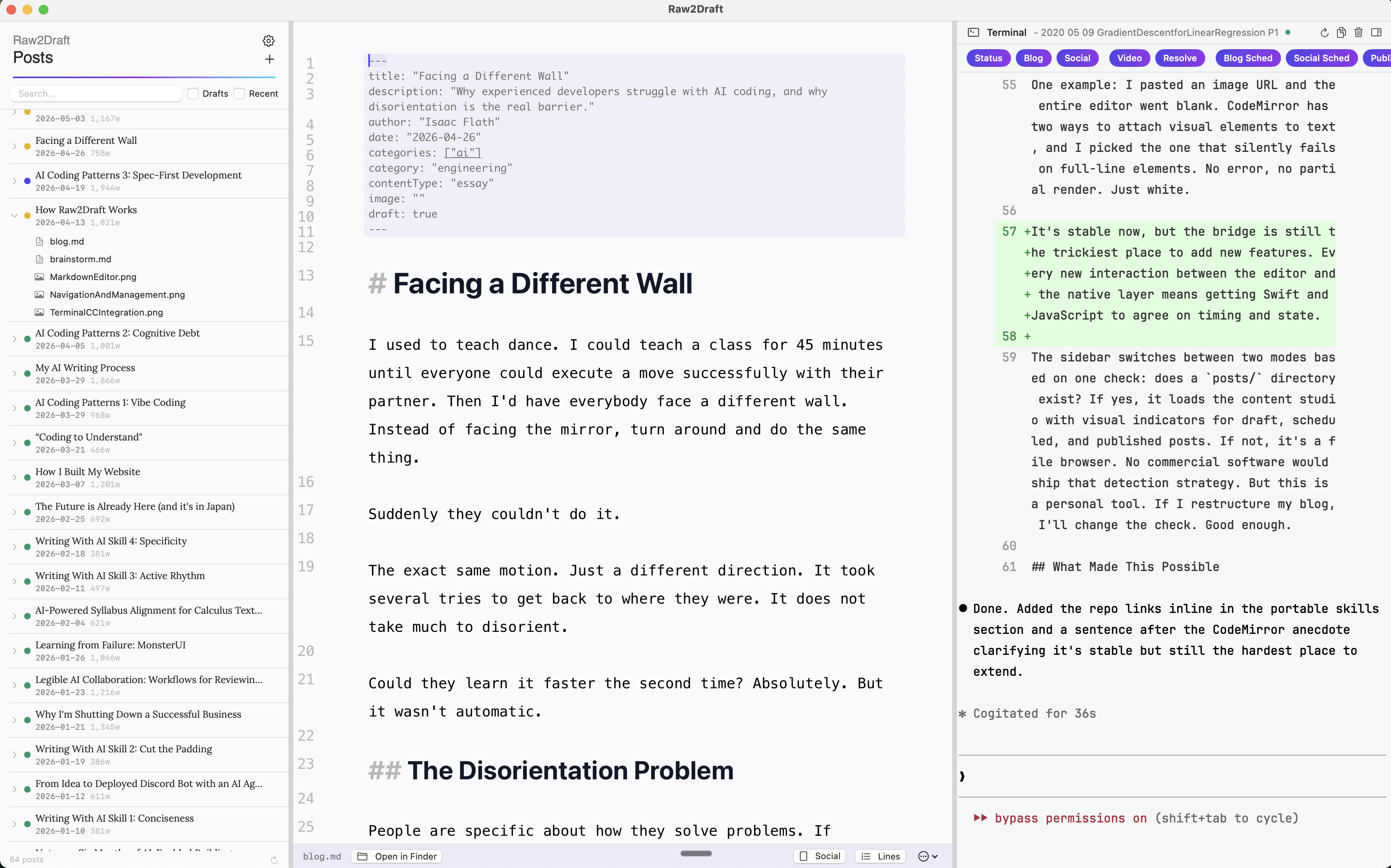 Raw2Draft editor with markdown, preview, and embedded terminal