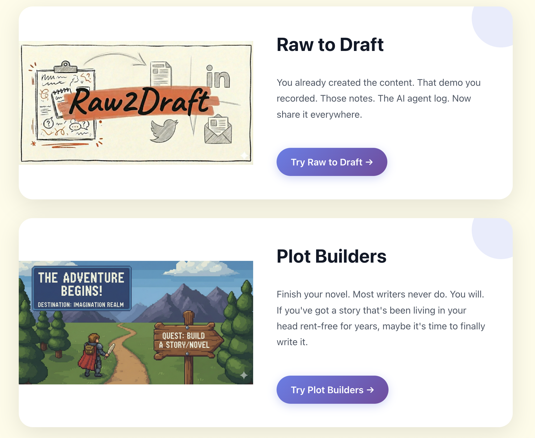 The product section with Raw2Draft and Plot Builders cards