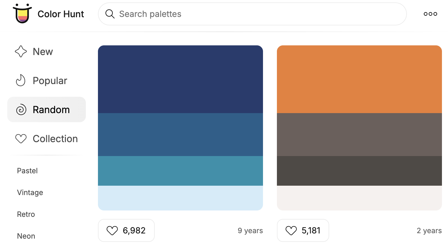 Browsing random palettes on Colorhunt.co