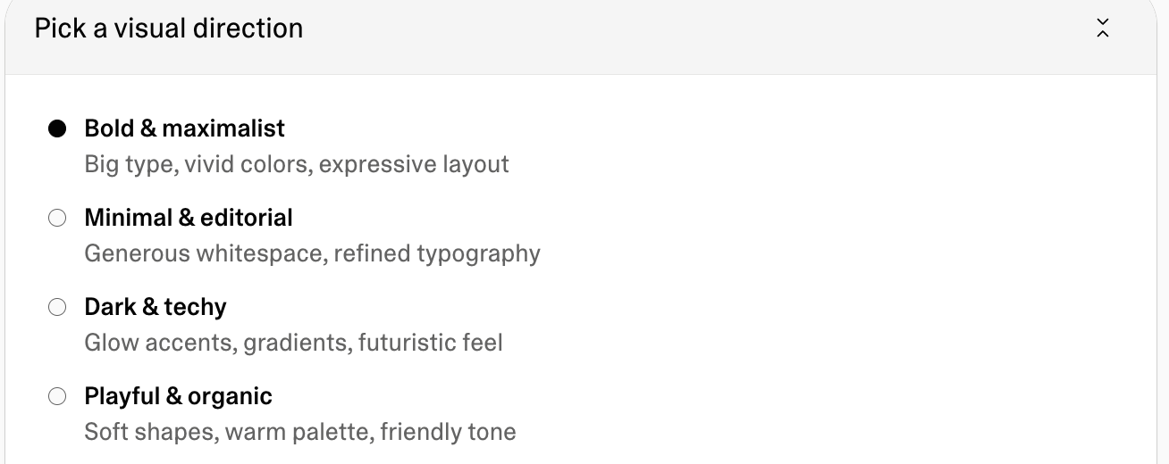 Lovable asking the user to choose among four concrete visual directions