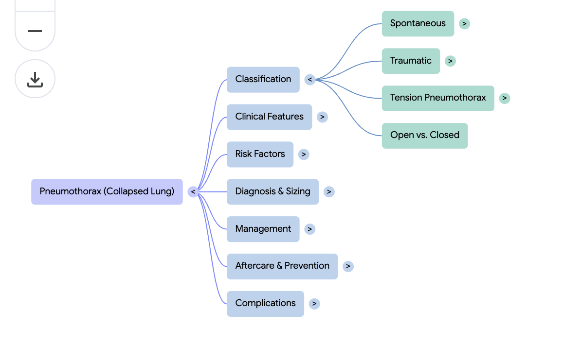 NotebookLM mind map with expandable categories for a document about pneumothorax
