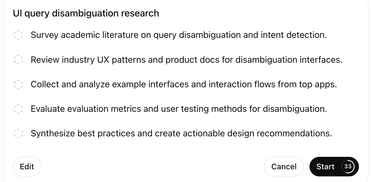 OpenAI Deep Research presenting an editable research plan before starting
