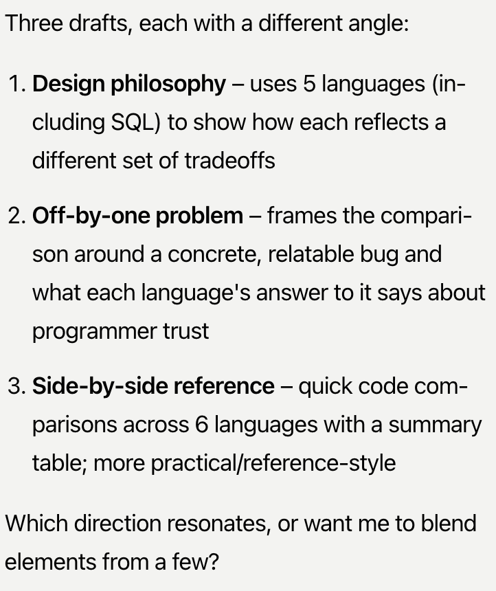 Spiral presenting three draft directions: design philosophy, an off-by-one problem, and a side-by-side reference