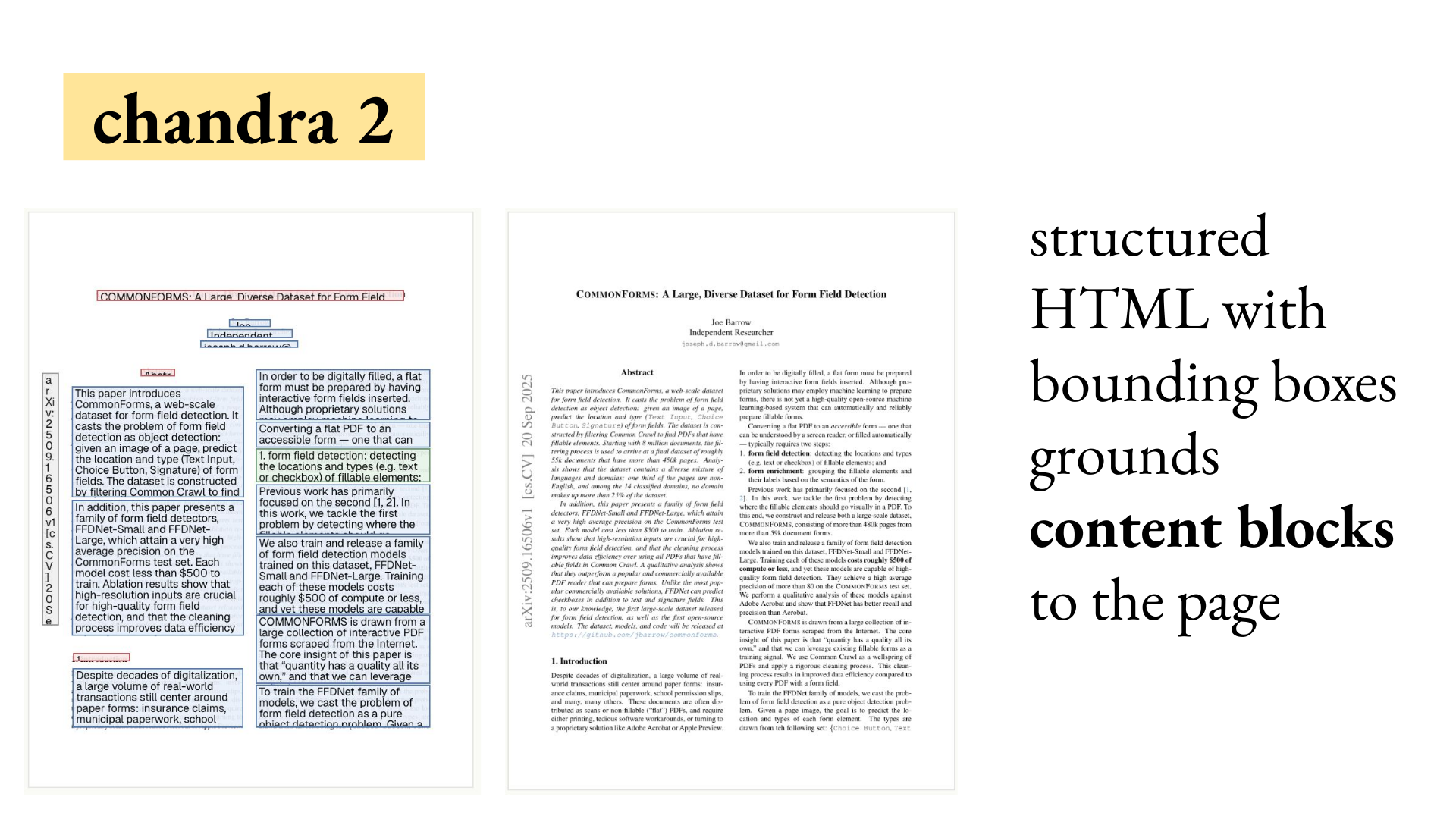 Chandra 2 grounds structured HTML content blocks to the source page with bounding boxes
