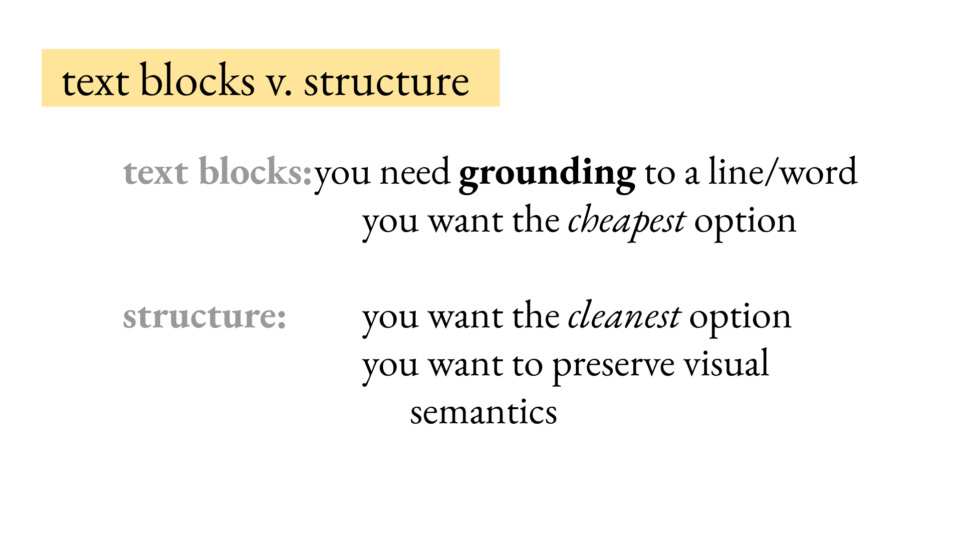 Text blocks are useful for grounding and low cost, while document structure preserves visual semantics