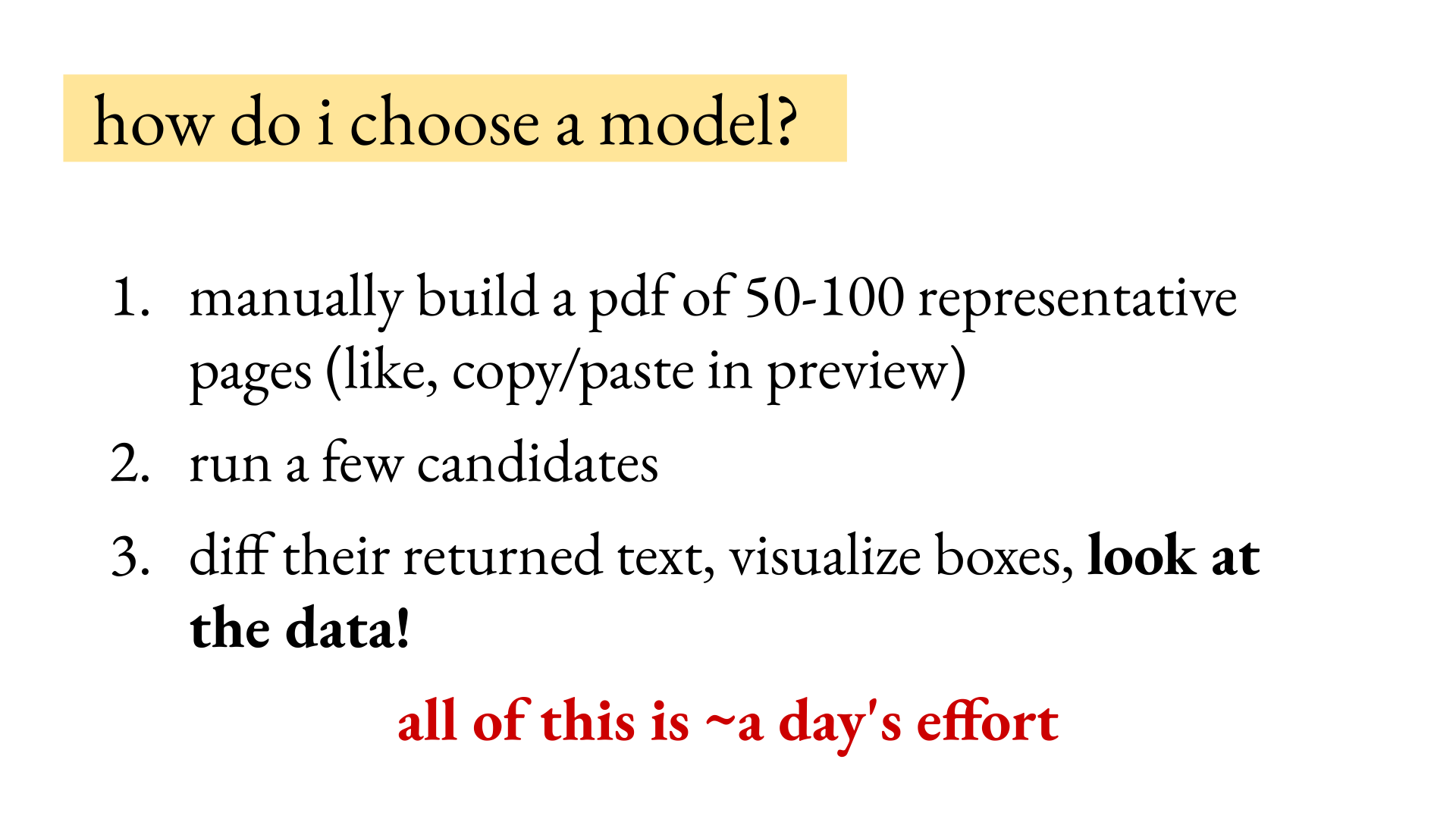 Joe Barrow's three-step model evaluation: build a representative PDF, run candidates, and inspect their outputs