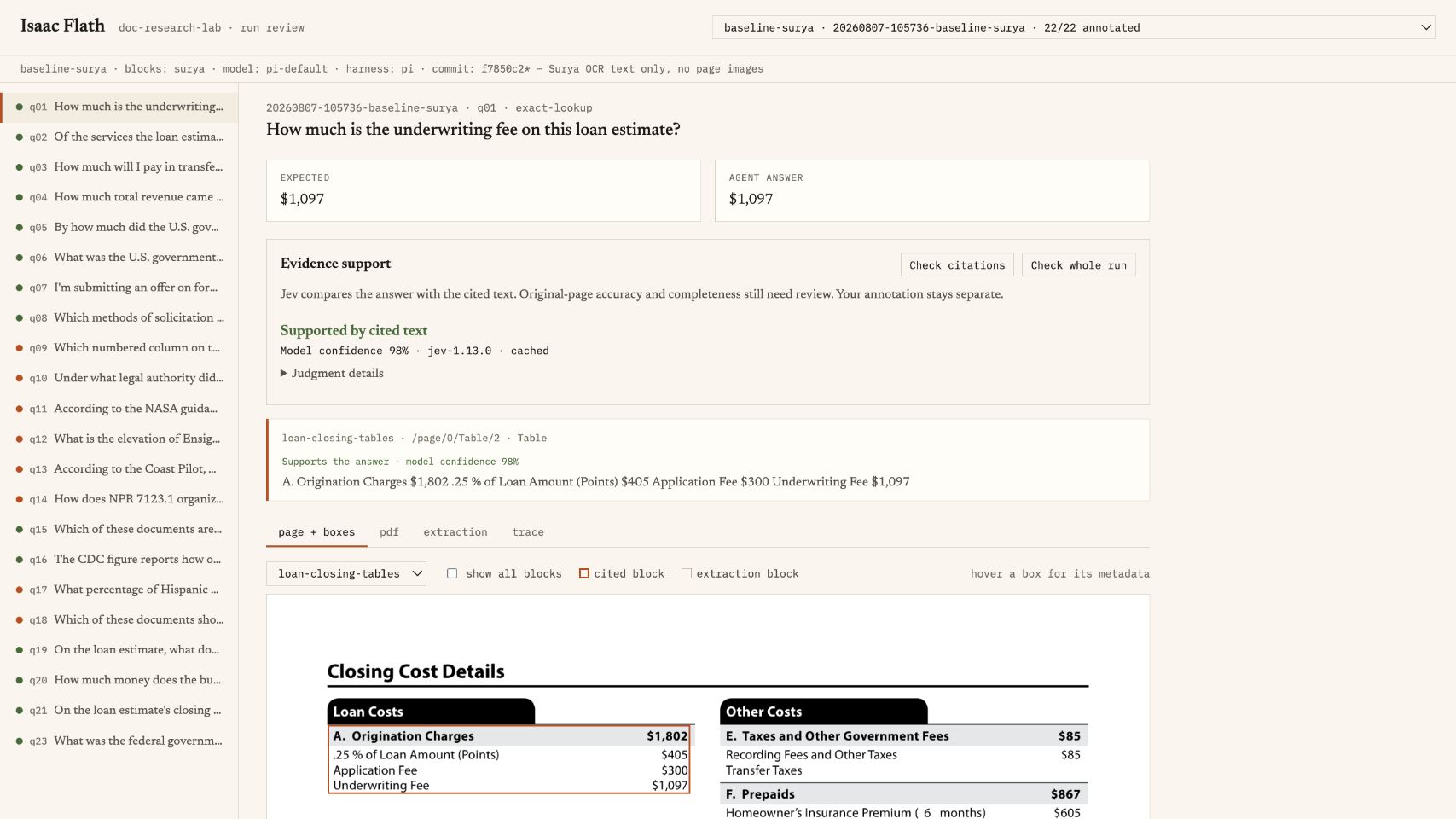 Document Lab showing the correct underwriting-fee answer, Jev's check, and the part of the loan estimate used for the answer