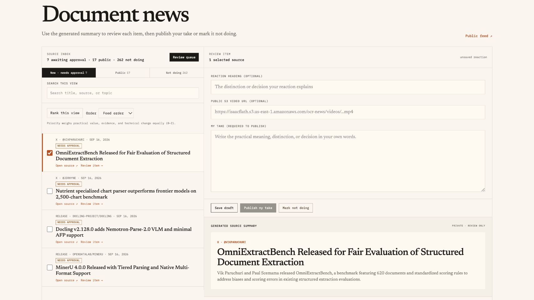 My private news inbox, with a selected story, ranking controls, and its generated source summary