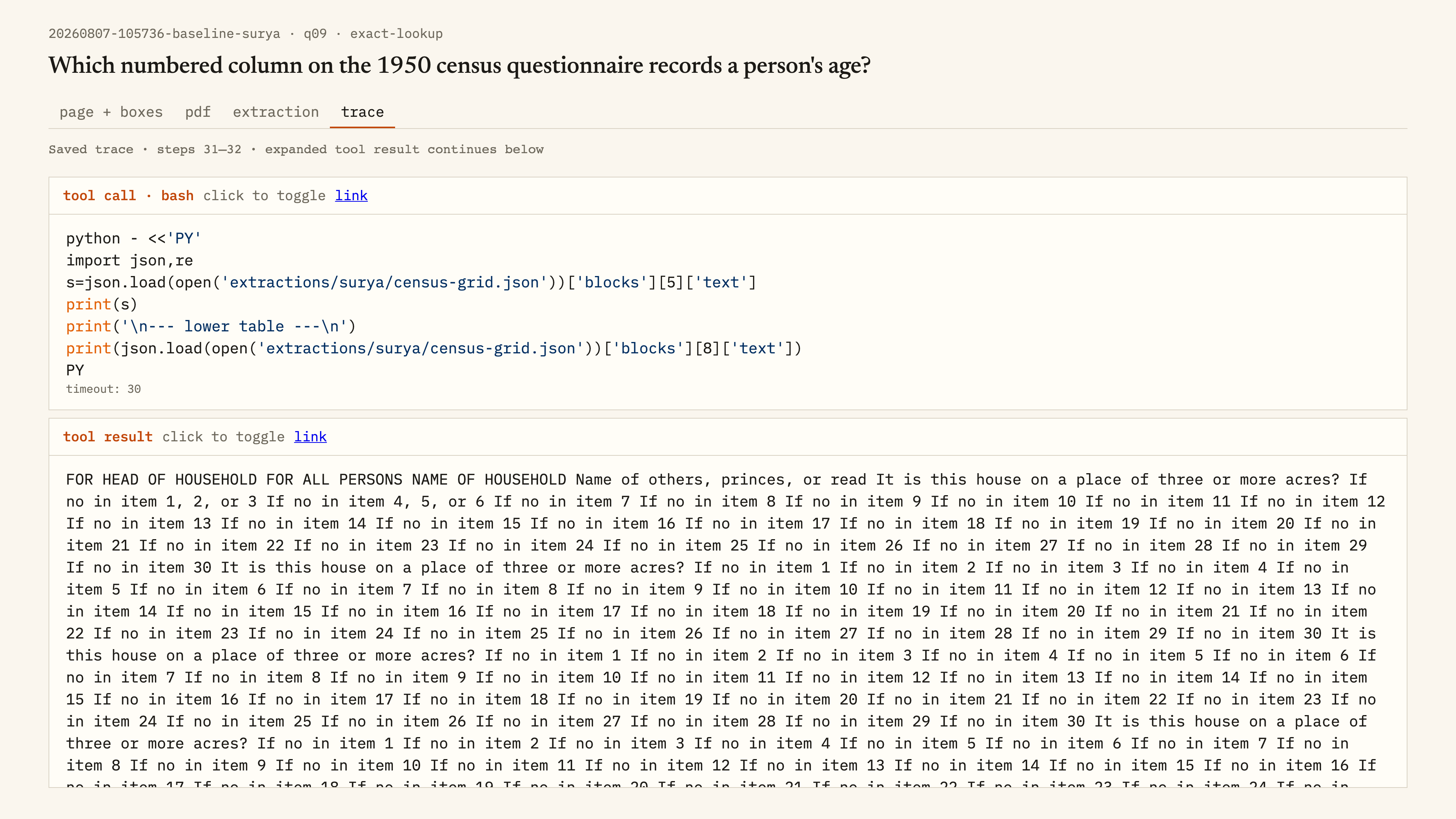 Saved census trace: Python reads the OCR table and returns repeated, garbled text