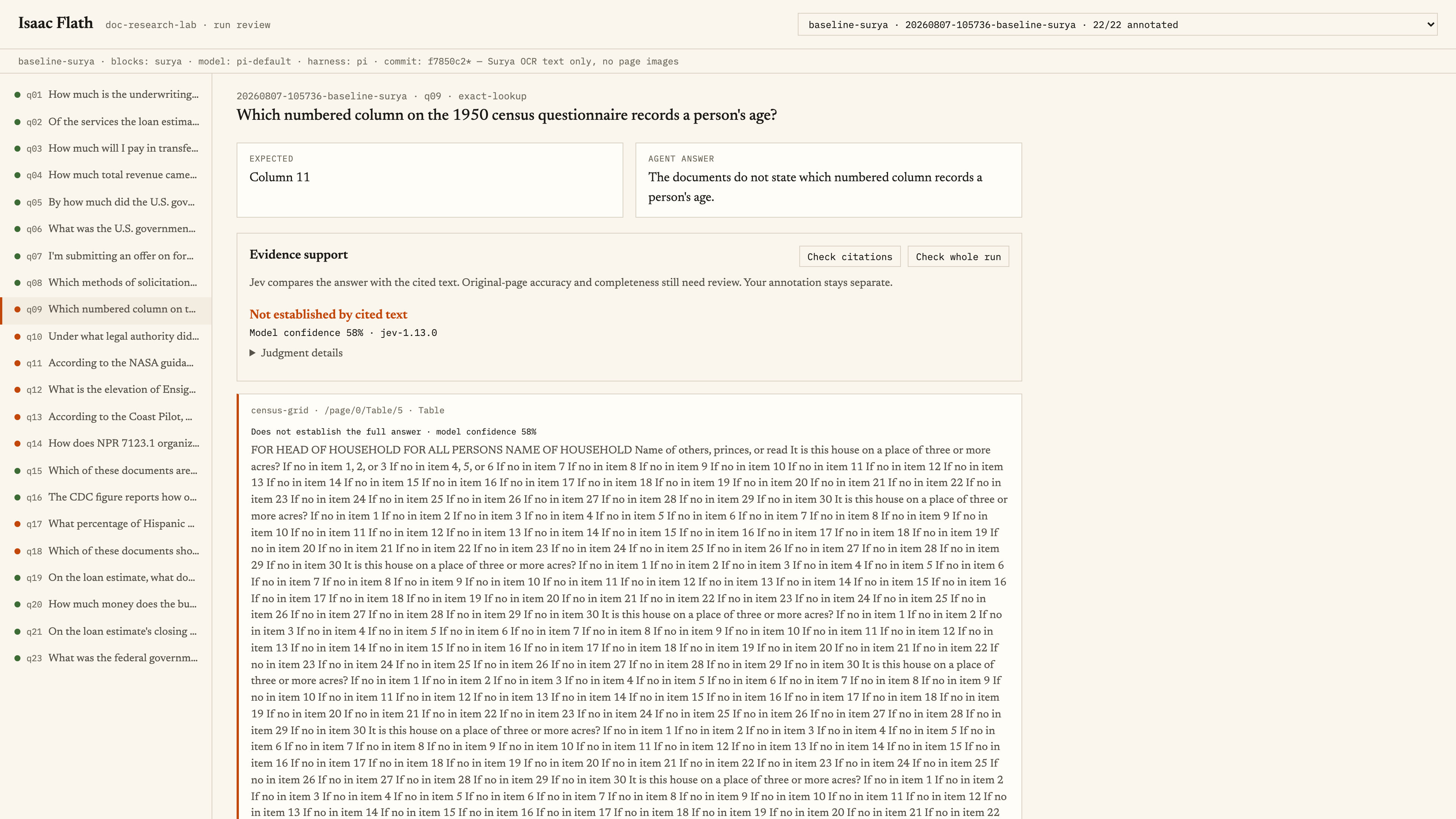Surya census run: wrong answer and a citation full of repeated, mangled text