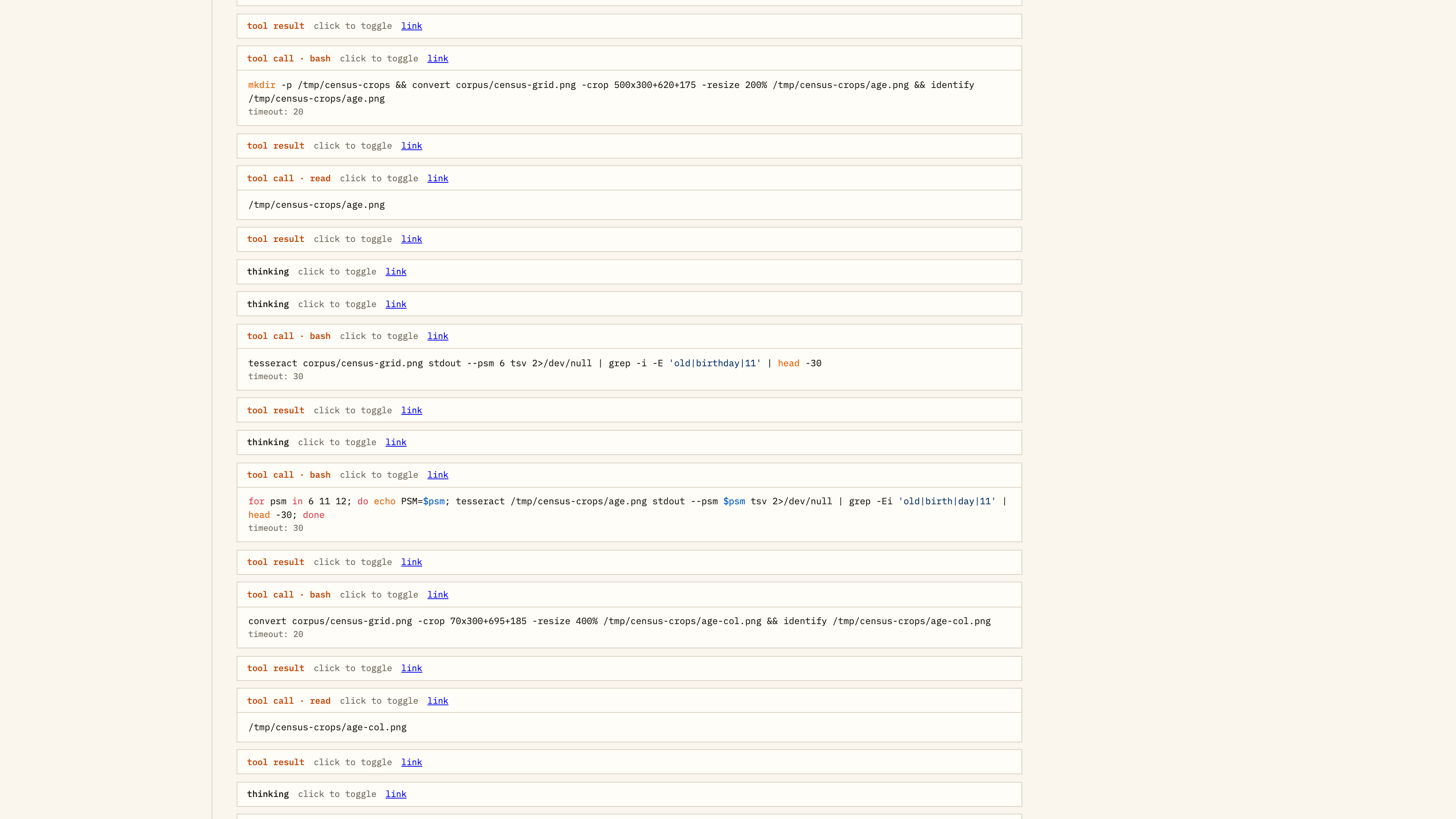 Census trace showing image crops, resizes, Tesseract, and grep
