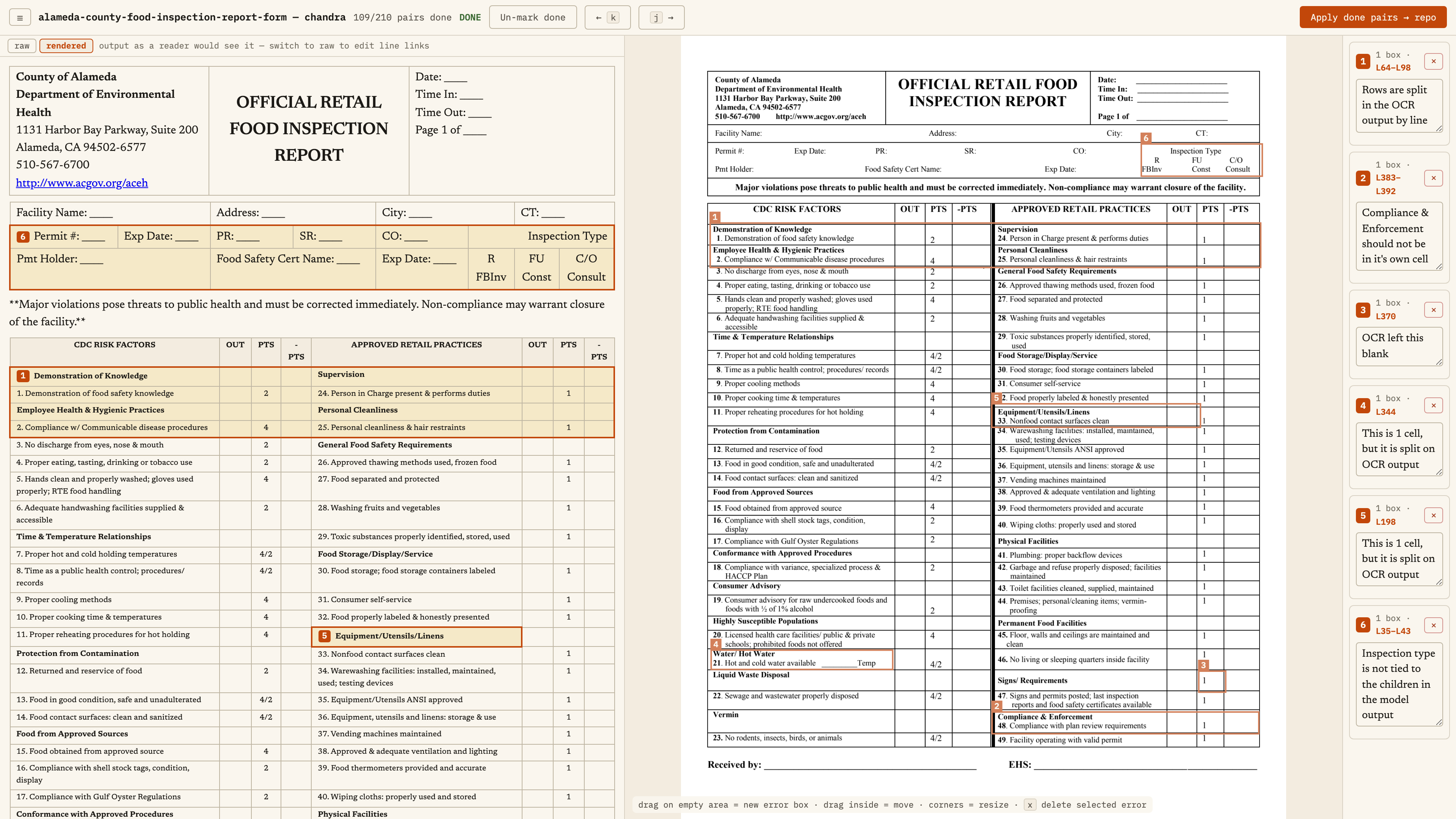The annotation app: rendered OCR, original report with numbered boxes, and review notes