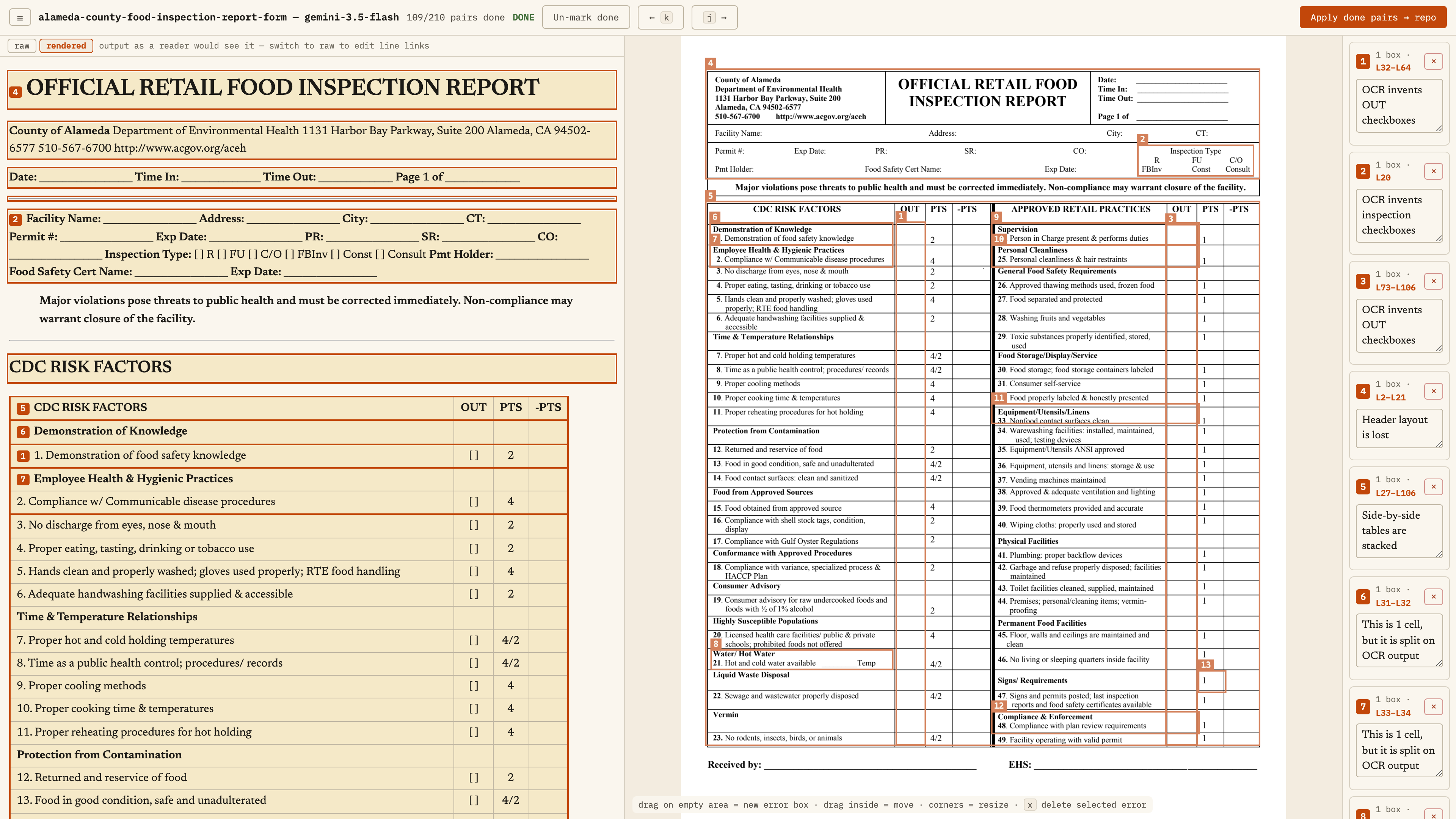 Gemini adds inspection-type checkboxes that are absent from the original