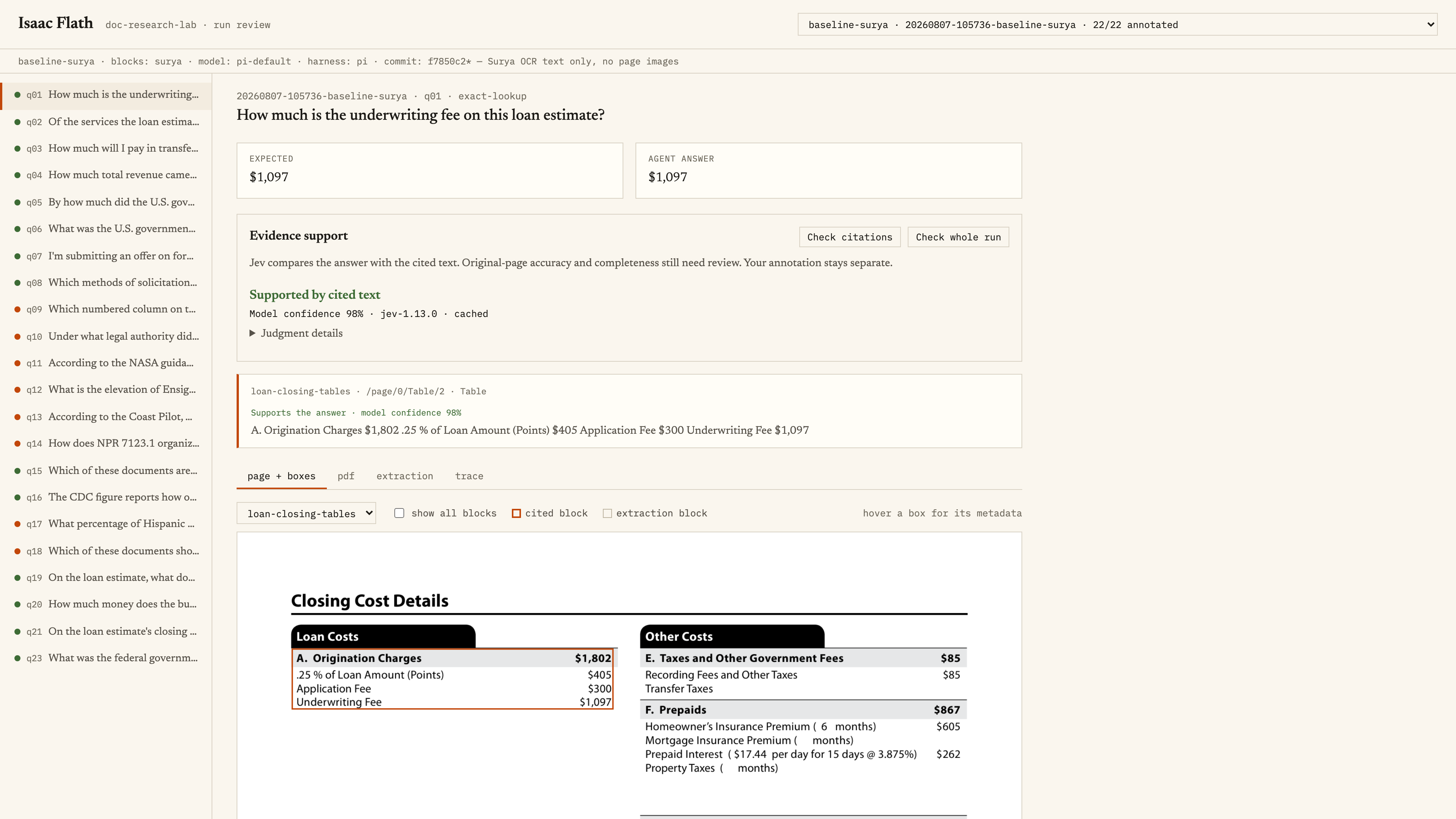 Underwriting question, matching $1,097 answers, and citation-support judgment
