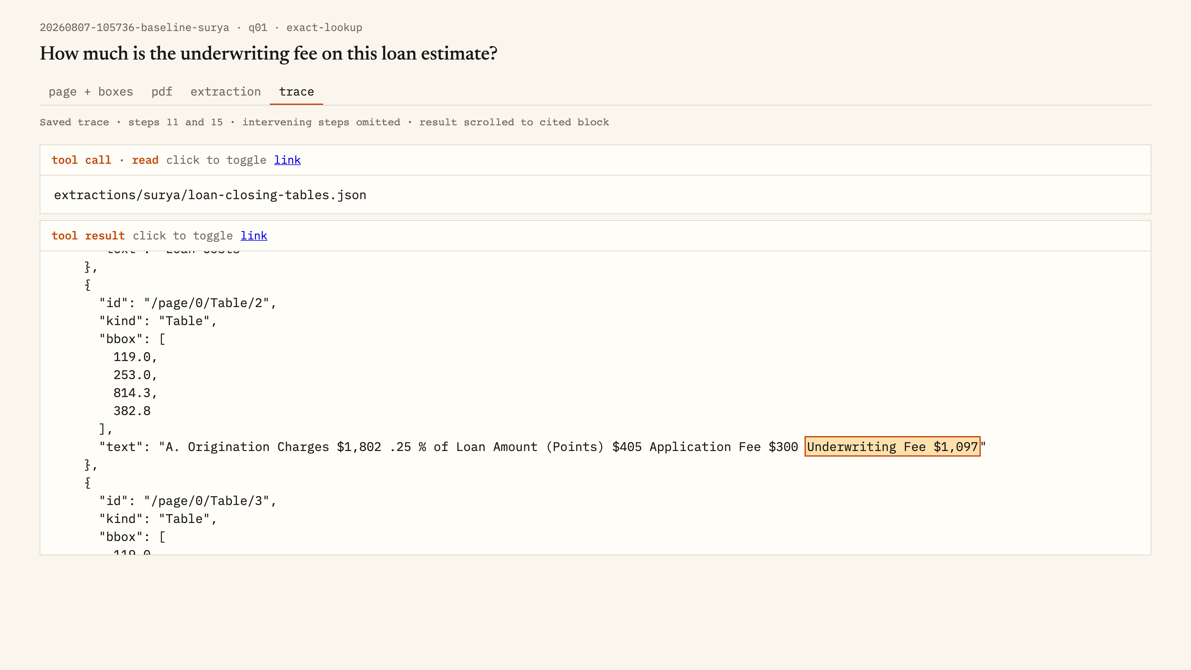 Saved underwriting trace: file read and returned text containing Underwriting Fee $1,097