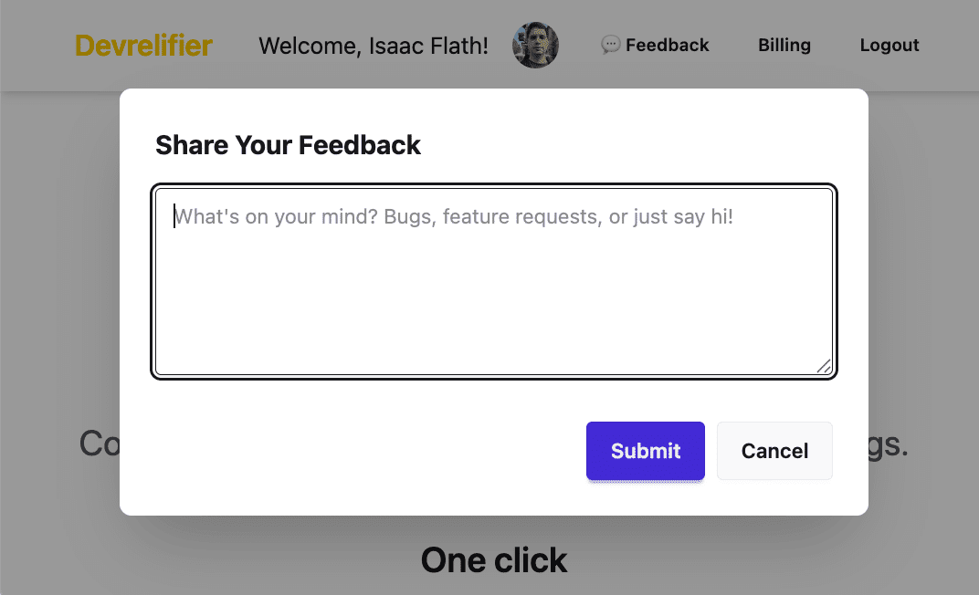 A feedback modal with a text box and a submit and cancel button 